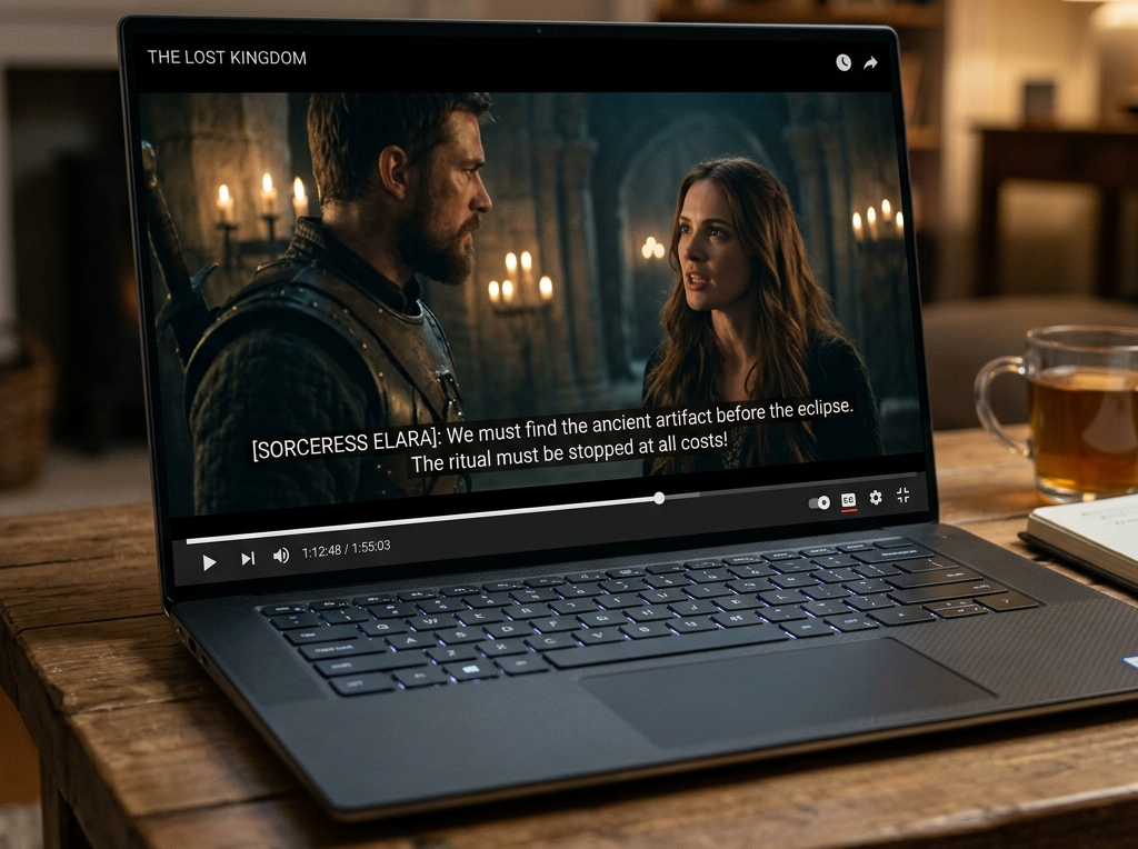 Man in armor and woman in medieval setting with subtitles discussing ancient artifact and ritual.